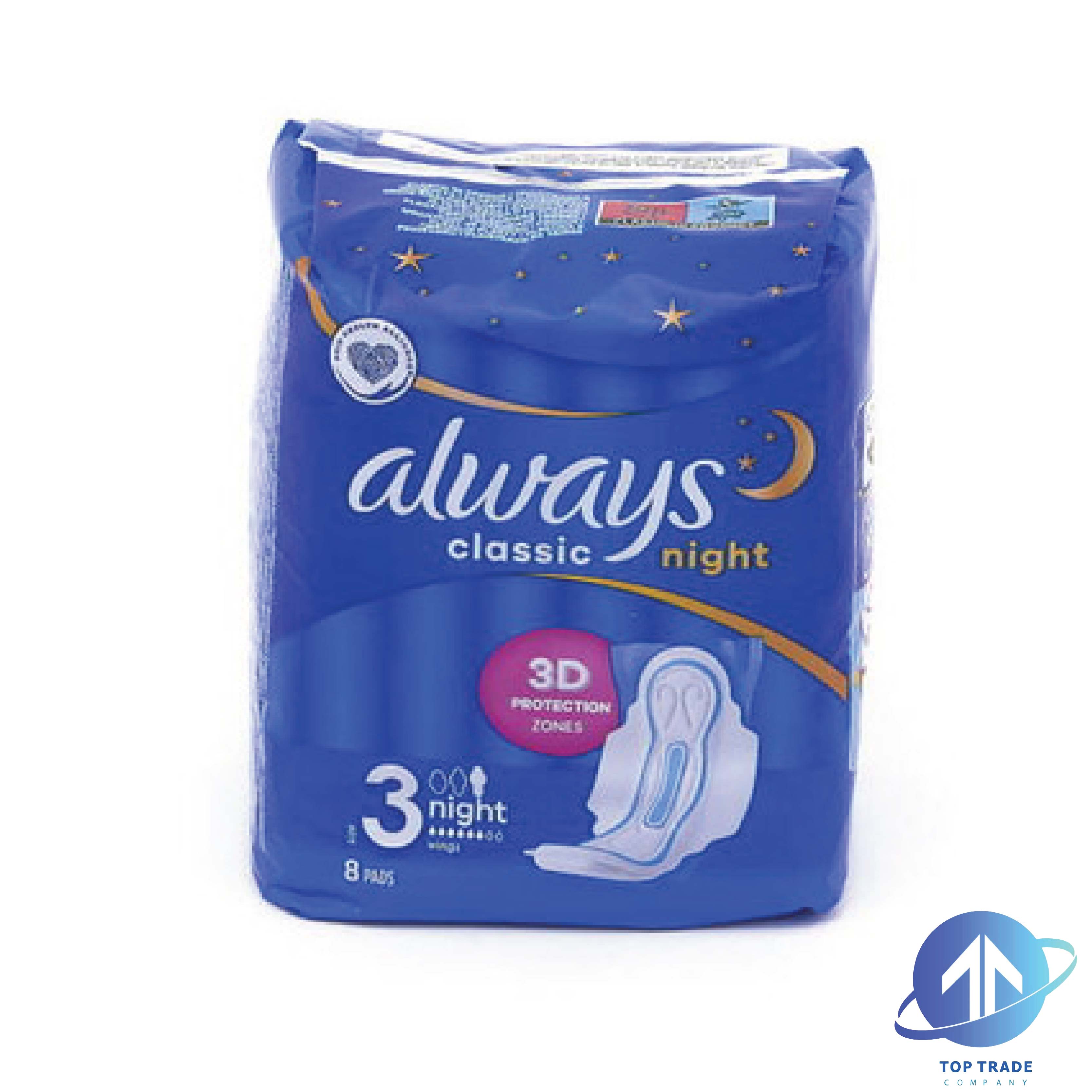Always sanitary napkins Classic 8pc night with wings